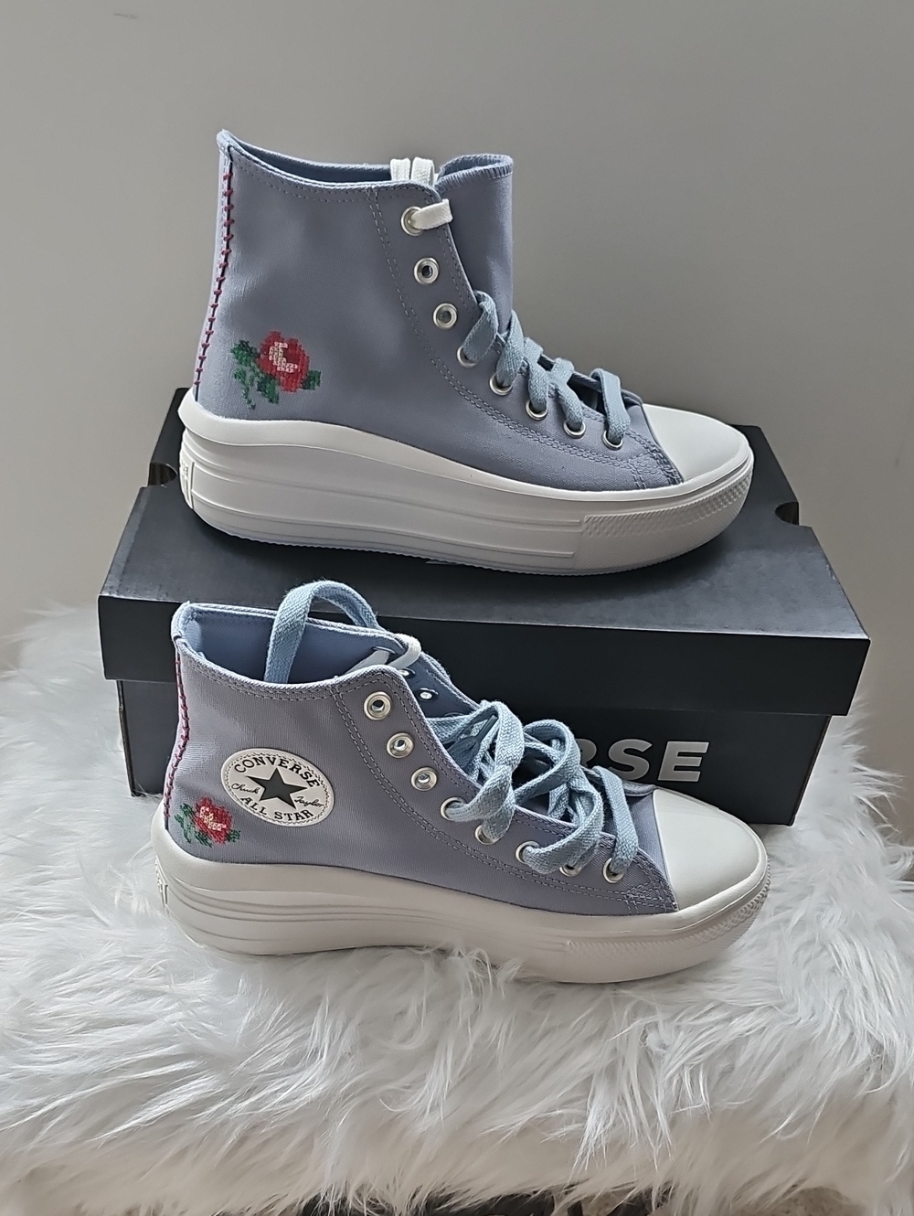 Converse High Top Platform Sneakers in Light Blue with Rose Motif